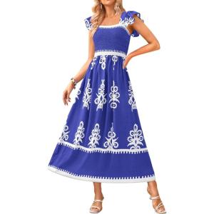 imageBTFBM Summer Dresses for Women 2025 Floral Smocked Boho Sleeveless Square Neck A Line Casual Beach Maxi Dress PocketsBlue Flower