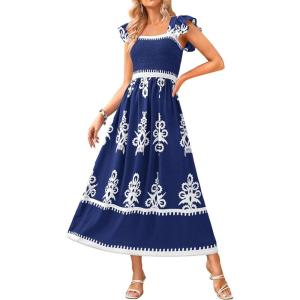 imageBTFBM Summer Dresses for Women 2025 Floral Smocked Boho Sleeveless Square Neck A Line Casual Beach Maxi Dress PocketsDark Blue White Flower