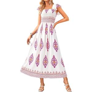 imageBTFBM Summer Dresses for Women 2025 Floral Smocked Boho Sleeveless Square Neck A Line Casual Beach Maxi Dress PocketsFloral White Rose Red
