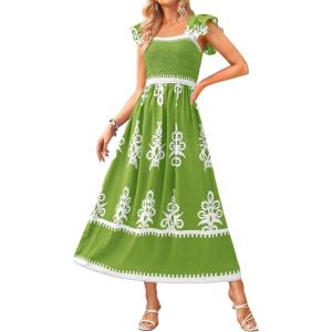 imageBTFBM Summer Dresses for Women 2025 Floral Smocked Boho Sleeveless Square Neck A Line Casual Beach Maxi Dress PocketsGreen Flower