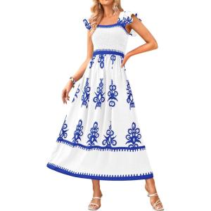 imageBTFBM Summer Dresses for Women 2025 Floral Smocked Boho Sleeveless Square Neck A Line Casual Beach Maxi Dress PocketsWhite Blue Flower