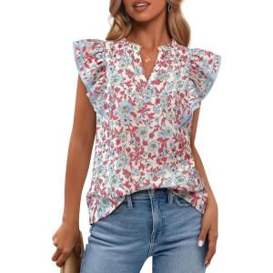 imageBTFBM Women Dressy Casual 2025 Summer Shirts Boho Floral Notched V Neck Ruffle Cap Sleeve Tops Business Work BlousesFloral Beige Multi
