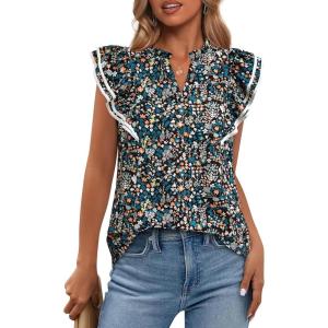 imageBTFBM Women Dressy Casual 2025 Summer Shirts Boho Floral Notched V Neck Ruffle Cap Sleeve Tops Business Work BlousesFloral Black Blue