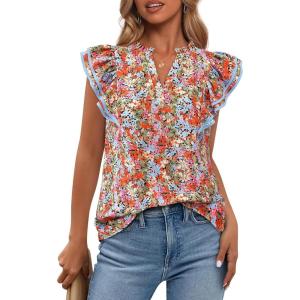 imageBTFBM Women Dressy Casual 2025 Summer Shirts Boho Floral Notched V Neck Ruffle Cap Sleeve Tops Business Work BlousesFloral Black Red