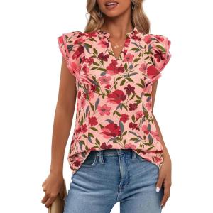 imageBTFBM Women Dressy Casual 2025 Summer Shirts Boho Floral Notched V Neck Ruffle Cap Sleeve Tops Business Work BlousesFloral Orange Pink Red