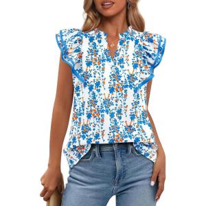 imageBTFBM Women Dressy Casual 2025 Summer Shirts Boho Floral Notched V Neck Ruffle Cap Sleeve Tops Business Work BlousesFloral White Blue