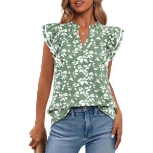 imageBTFBM Women Dressy Casual 2025 Summer Shirts Boho Floral Notched V Neck Ruffle Cap Sleeve Tops Business Work BlousesLeaves Light Green