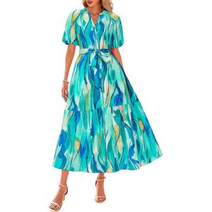 imageBTFBM Women Summer Floral Maxi Dresses Casual Boho Puff Short Sleeve V Neck Button Belt Flowy Long Beach Vacation DressFloral Light Green White