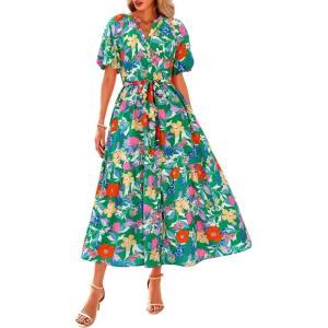imageBTFBM Women Summer Floral Maxi Dresses Casual Boho Puff Short Sleeve V Neck Button Belt Flowy Long Beach Vacation DressFloral Orange Green