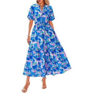 imageBTFBM Women Summer Floral Midi Dresses Casual Boho Puff Short Sleeve V Neck Button Belt Flowy Maxi Beach Vacation DressFloral Blue Purple White