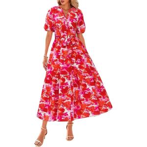 imageBTFBM Women Summer Floral Midi Dresses Casual Boho Puff Short Sleeve V Neck Button Belt Flowy Maxi Beach Vacation DressFloral Orange Pink White