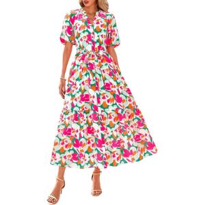 imageBTFBM Women Summer Floral Midi Dresses Casual Boho Puff Short Sleeve V Neck Button Belt Flowy Maxi Beach Vacation DressFloral Pink Green