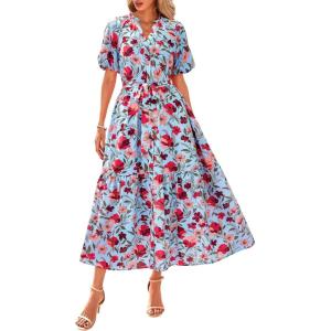 imageBTFBM Women Summer Floral Midi Dresses Casual Boho Puff Short Sleeve V Neck Button Belt Flowy Maxi Beach Vacation DressFloral Red Blue