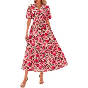imageBTFBM Women Summer Floral Midi Dresses Casual Boho Puff Short Sleeve V Neck Button Belt Flowy Maxi Beach Vacation DressFloral Red Orange Pink