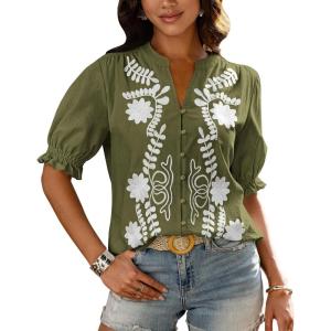imageBTFBM Womens 2025 Summer Tops Casual Floral Boho V Neck Puff Short Sleeve Button Down Shirts Embroidered Blouses TunicFloral Army Green White