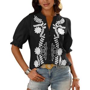 imageBTFBM Womens 2025 Summer Tops Casual Floral Boho V Neck Puff Short Sleeve Button Down Shirts Embroidered Blouses TunicFloral Black White