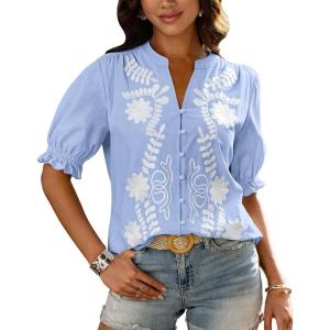 imageBTFBM Womens 2025 Summer Tops Casual Floral Boho V Neck Puff Short Sleeve Button Down Shirts Embroidered Blouses TunicFloral Light Blue White