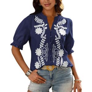 imageBTFBM Womens 2025 Summer Tops Casual Floral Boho V Neck Puff Short Sleeve Button Down Shirts Embroidered Blouses TunicFloral Navy White