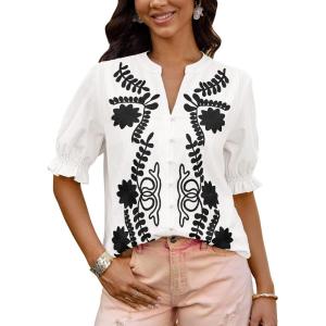 imageBTFBM Womens 2025 Summer Tops Casual Floral Boho V Neck Puff Short Sleeve Button Down Shirts Embroidered Blouses TunicFloral White Black
