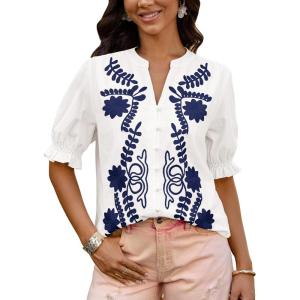 imageBTFBM Womens 2025 Summer Tops Casual Floral Boho V Neck Puff Short Sleeve Button Down Shirts Embroidered Blouses TunicFloral White Blue