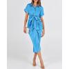 imageBTFBM 2025 Women Button Down Ruched Shirt Dresses Short Sleeve Lapel V Neck Elegant Party Spring Summer Maxi Satin DressShort Sleeve Aqua Blue