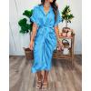 imageBTFBM 2025 Women Button Down Ruched Shirt Dresses Short Sleeve Lapel V Neck Elegant Party Spring Summer Maxi Satin DressShort Sleeve Aqua Blue