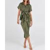 imageBTFBM 2025 Women Button Down Ruched Shirt Dresses Short Sleeve Lapel V Neck Elegant Party Spring Summer Maxi Satin DressShort Sleeve Army Green