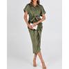 imageBTFBM 2025 Women Button Down Ruched Shirt Dresses Short Sleeve Lapel V Neck Elegant Party Spring Summer Maxi Satin DressShort Sleeve Army Green