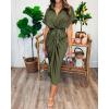 imageBTFBM 2025 Women Button Down Ruched Shirt Dresses Short Sleeve Lapel V Neck Elegant Party Spring Summer Maxi Satin DressShort Sleeve Army Green