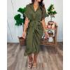imageBTFBM 2025 Women Button Down Ruched Shirt Dresses Short Sleeve Lapel V Neck Elegant Party Spring Summer Maxi Satin DressShort Sleeve Army Green