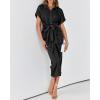 imageBTFBM 2025 Women Button Down Ruched Shirt Dresses Short Sleeve Lapel V Neck Elegant Party Spring Summer Maxi Satin DressShort Sleeve Black