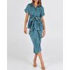 imageBTFBM 2025 Women Button Down Ruched Shirt Dresses Short Sleeve Lapel V Neck Elegant Party Spring Summer Maxi Satin DressShort Sleeve Blue Green