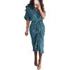 imageBTFBM 2025 Women Button Down Ruched Shirt Dresses Short Sleeve Lapel V Neck Elegant Party Spring Summer Maxi Satin DressShort Sleeve Blue Green