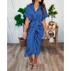 imageBTFBM 2025 Women Button Down Ruched Shirt Dresses Short Sleeve Lapel V Neck Elegant Party Spring Summer Maxi Satin DressShort Sleeve Brilliant Blue