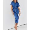 imageBTFBM 2025 Women Button Down Ruched Shirt Dresses Short Sleeve Lapel V Neck Elegant Party Spring Summer Maxi Satin DressShort Sleeve Brilliant Blue