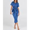 imageBTFBM 2025 Women Button Down Ruched Shirt Dresses Short Sleeve Lapel V Neck Elegant Party Spring Summer Maxi Satin DressShort Sleeve Brilliant Blue