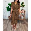 imageBTFBM 2025 Women Button Down Ruched Shirt Dresses Short Sleeve Lapel V Neck Elegant Party Spring Summer Maxi Satin DressShort Sleeve Dark Brown