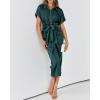 imageBTFBM 2025 Women Button Down Ruched Shirt Dresses Short Sleeve Lapel V Neck Elegant Party Spring Summer Maxi Satin DressShort Sleeve Dark Green