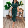 imageBTFBM 2025 Women Button Down Ruched Shirt Dresses Short Sleeve Lapel V Neck Elegant Party Spring Summer Maxi Satin DressShort Sleeve Dark Green