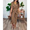 imageBTFBM 2025 Women Button Down Ruched Shirt Dresses Short Sleeve Lapel V Neck Elegant Party Spring Summer Maxi Satin DressShort Sleeve Dark Khaki