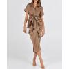 imageBTFBM 2025 Women Button Down Ruched Shirt Dresses Short Sleeve Lapel V Neck Elegant Party Spring Summer Maxi Satin DressShort Sleeve Dark Khaki