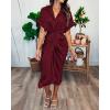 imageBTFBM 2025 Women Button Down Ruched Shirt Dresses Short Sleeve Lapel V Neck Elegant Party Spring Summer Maxi Satin DressShort Sleeve Dark Wine Red