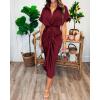 imageBTFBM 2025 Women Button Down Ruched Shirt Dresses Short Sleeve Lapel V Neck Elegant Party Spring Summer Maxi Satin DressShort Sleeve Dark Wine Red