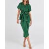 imageBTFBM 2025 Women Button Down Ruched Shirt Dresses Short Sleeve Lapel V Neck Elegant Party Spring Summer Maxi Satin DressShort Sleeve Deep Green