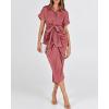 imageBTFBM 2025 Women Button Down Ruched Shirt Dresses Short Sleeve Lapel V Neck Elegant Party Spring Summer Maxi Satin DressShort Sleeve Dusty Pink