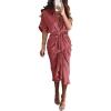 imageBTFBM 2025 Women Button Down Ruched Shirt Dresses Short Sleeve Lapel V Neck Elegant Party Spring Summer Maxi Satin DressShort Sleeve Dusty Pink
