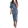 imageBTFBM 2025 Women Button Down Ruched Shirt Dresses Short Sleeve Lapel V Neck Elegant Party Spring Summer Maxi Satin DressShort Sleeve Grey Blue