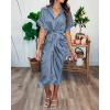 imageBTFBM 2025 Women Button Down Ruched Shirt Dresses Short Sleeve Lapel V Neck Elegant Party Spring Summer Maxi Satin DressShort Sleeve Grey Blue