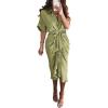 imageBTFBM 2025 Women Button Down Ruched Shirt Dresses Short Sleeve Lapel V Neck Elegant Party Spring Summer Maxi Satin DressShort Sleeve Light Green