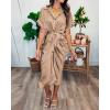 imageBTFBM 2025 Women Button Down Ruched Shirt Dresses Short Sleeve Lapel V Neck Elegant Party Spring Summer Maxi Satin DressShort Sleeve Light Khaki